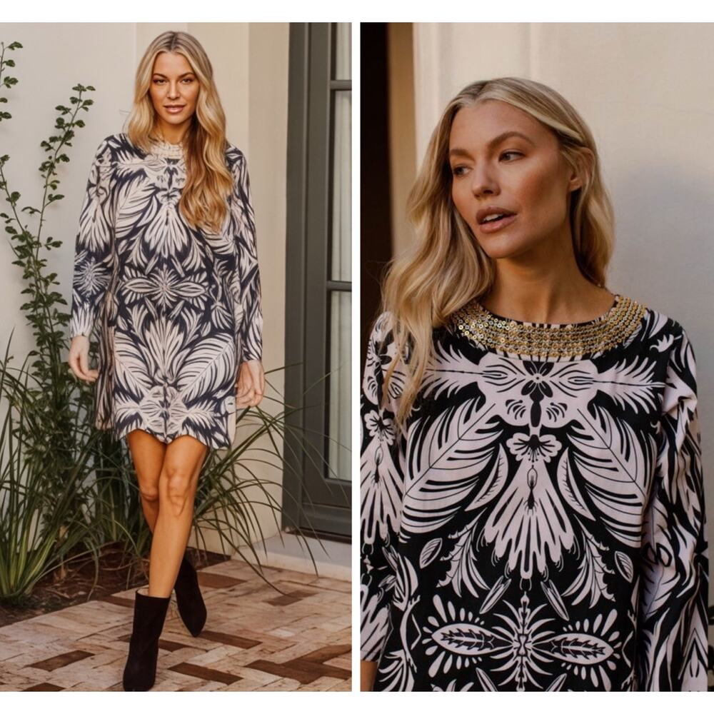 Sheridan French Size M Blair Dress Jeweled Neck Long Sleeve Bird Print